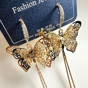 Golden Butterfly Earrings dangling Faux Pearl, Sterling silver hook, 3.5 inches
